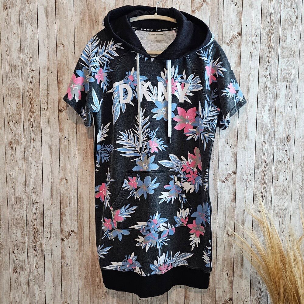 Women's DKNY Sport SweaterDress, Size S/P/CH, Black & Blue Floral
